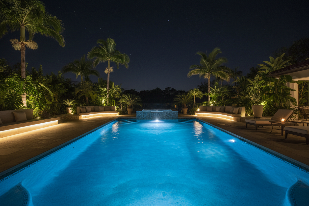 a pool at night with beautiful lights lighting it up. Tampa pool automation systems