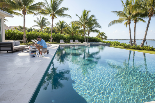 Man performing pool maintenance. 