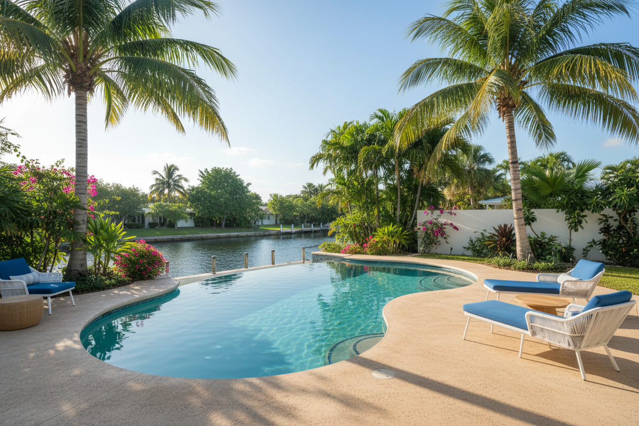 Finished residential swimming pool with resurfaced concrete deck, crystal-clear water, modern outdoor furniture, palm trees, Florida luxury backyard, soft natural sunlight, calm premium lifestyle photography, no people
